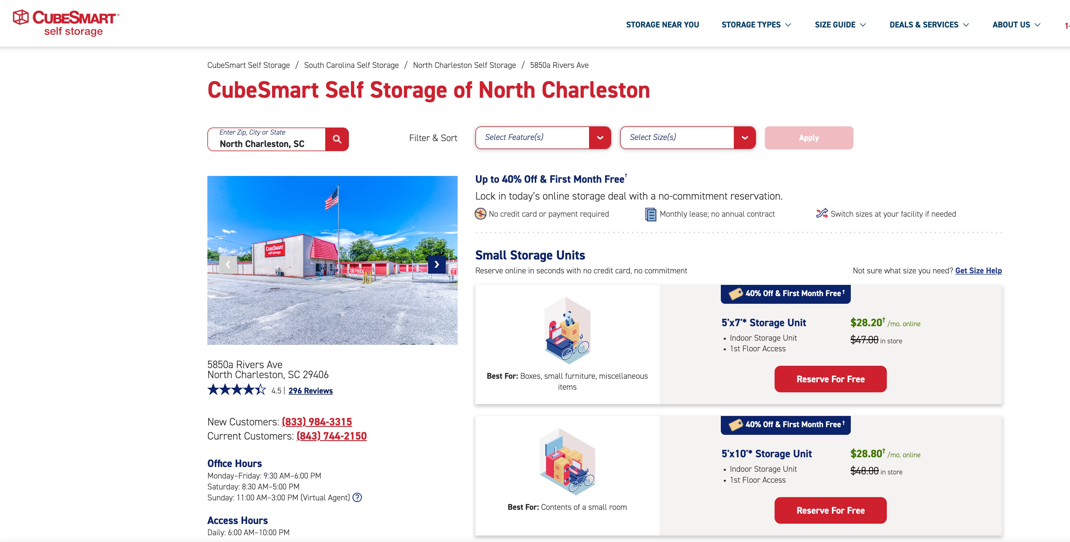 CubeSmart facility page hero with split phone numbers and unit pricing