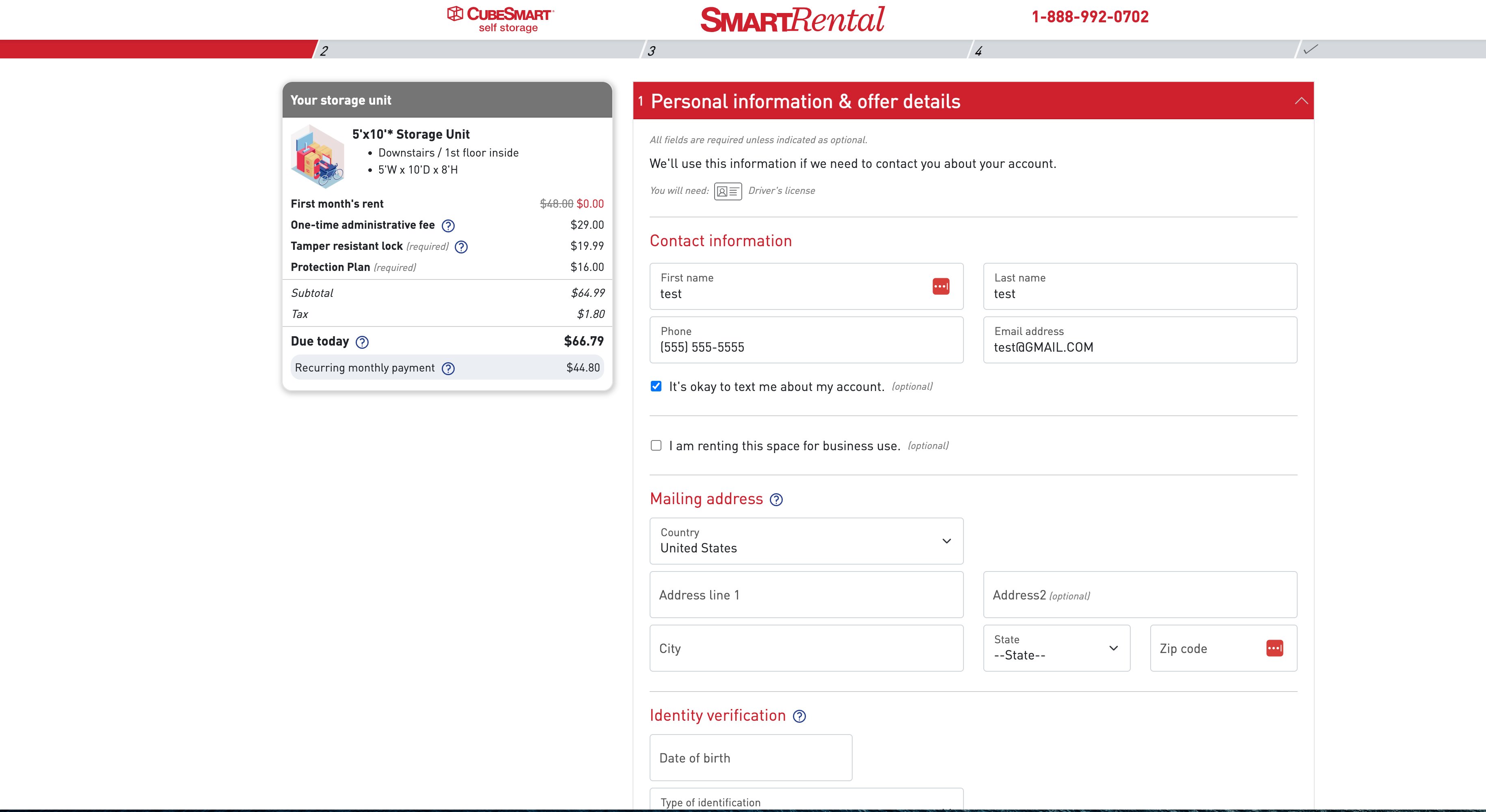 CubeSmart online rental step one with persistent cost sidebar