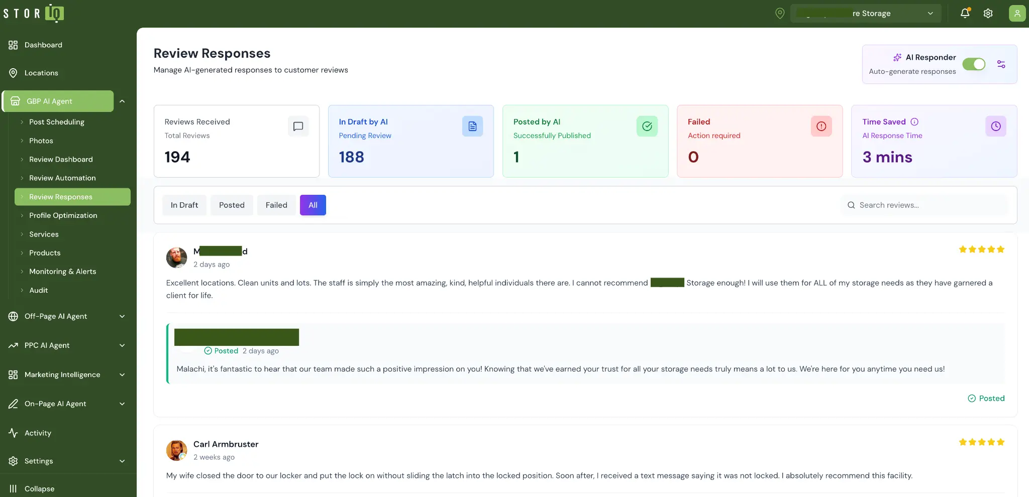 StorIQ GBP AI Agent review responses dashboard with AI-generated replies posted in minutes