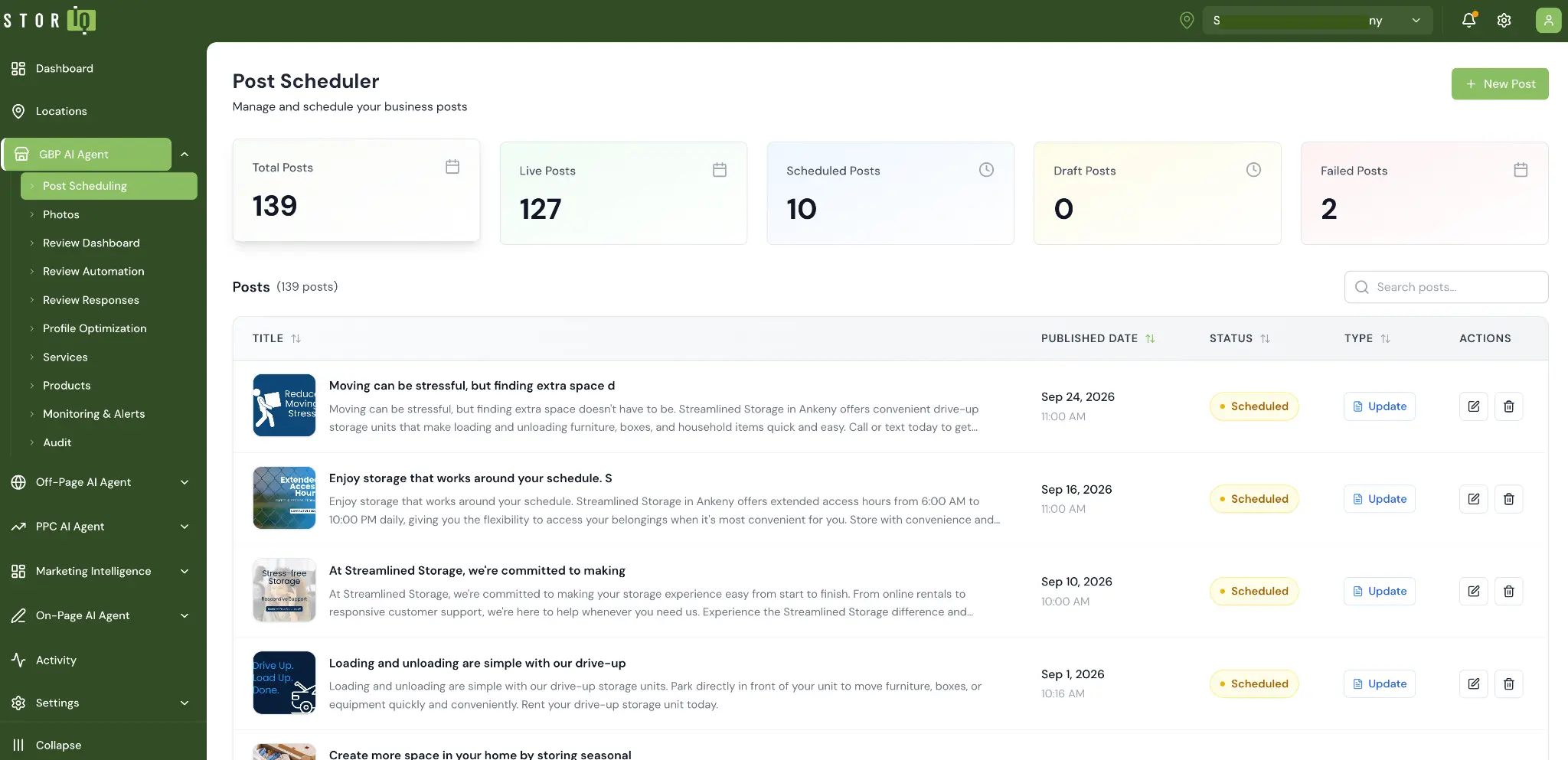 StorIQ GBP post scheduler showing 139 scheduled and published Google Business Profile posts