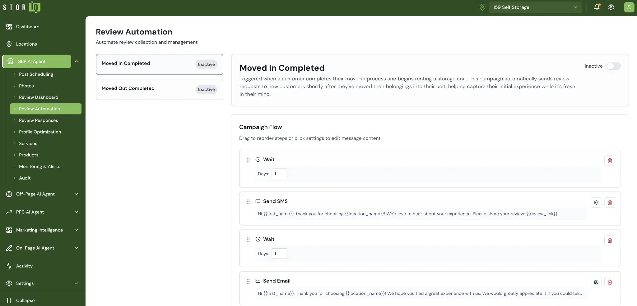 StorIQ review automation campaign flow with SMS and email review requests after move-in