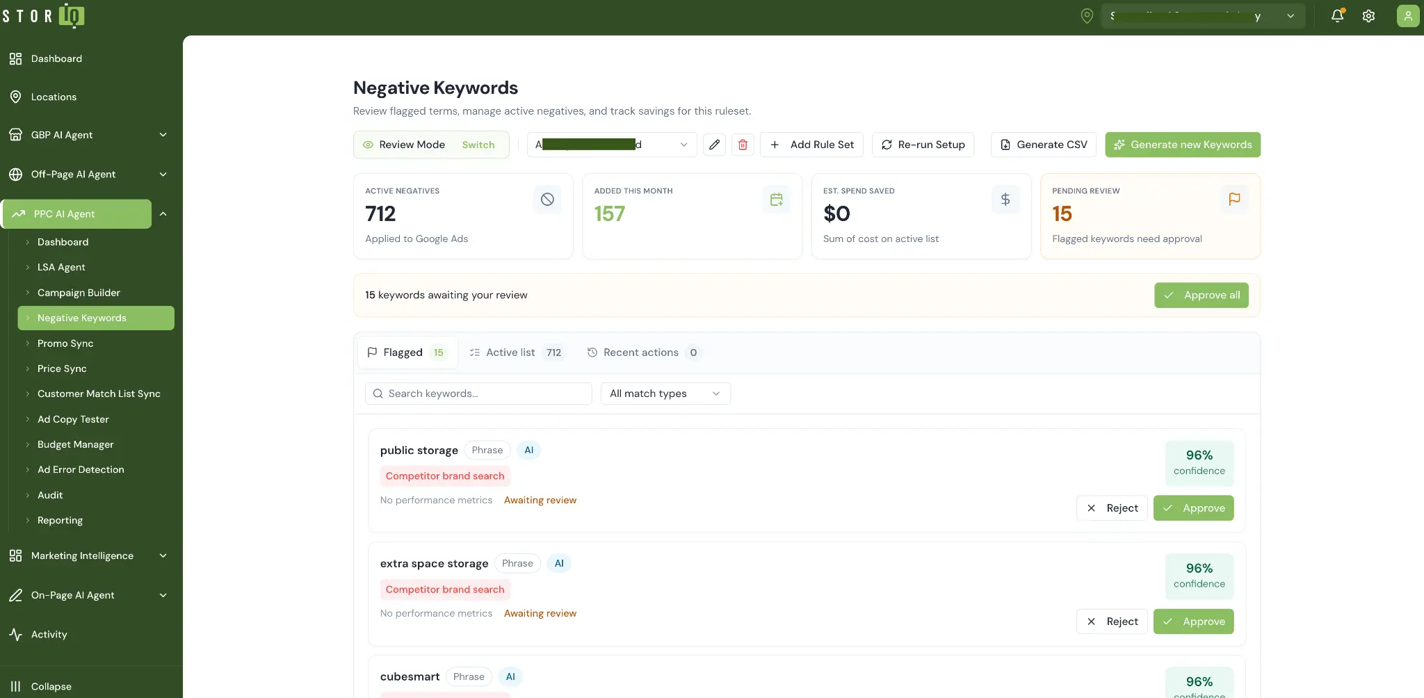 StorIQ Negative Keywords AI agent flagging competitor brand searches with confidence scores