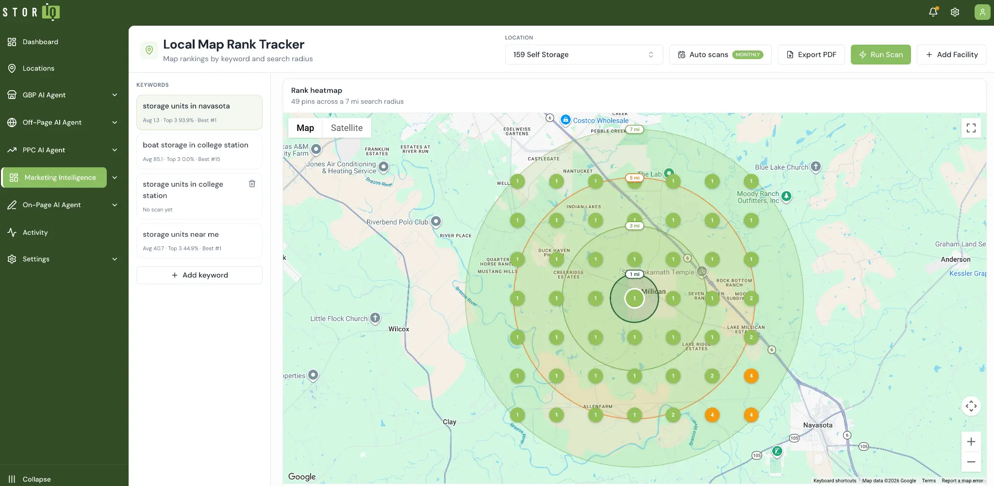 StorIQ platform showing the Local Map Rank Tracker with top rankings across a 7 mile radius