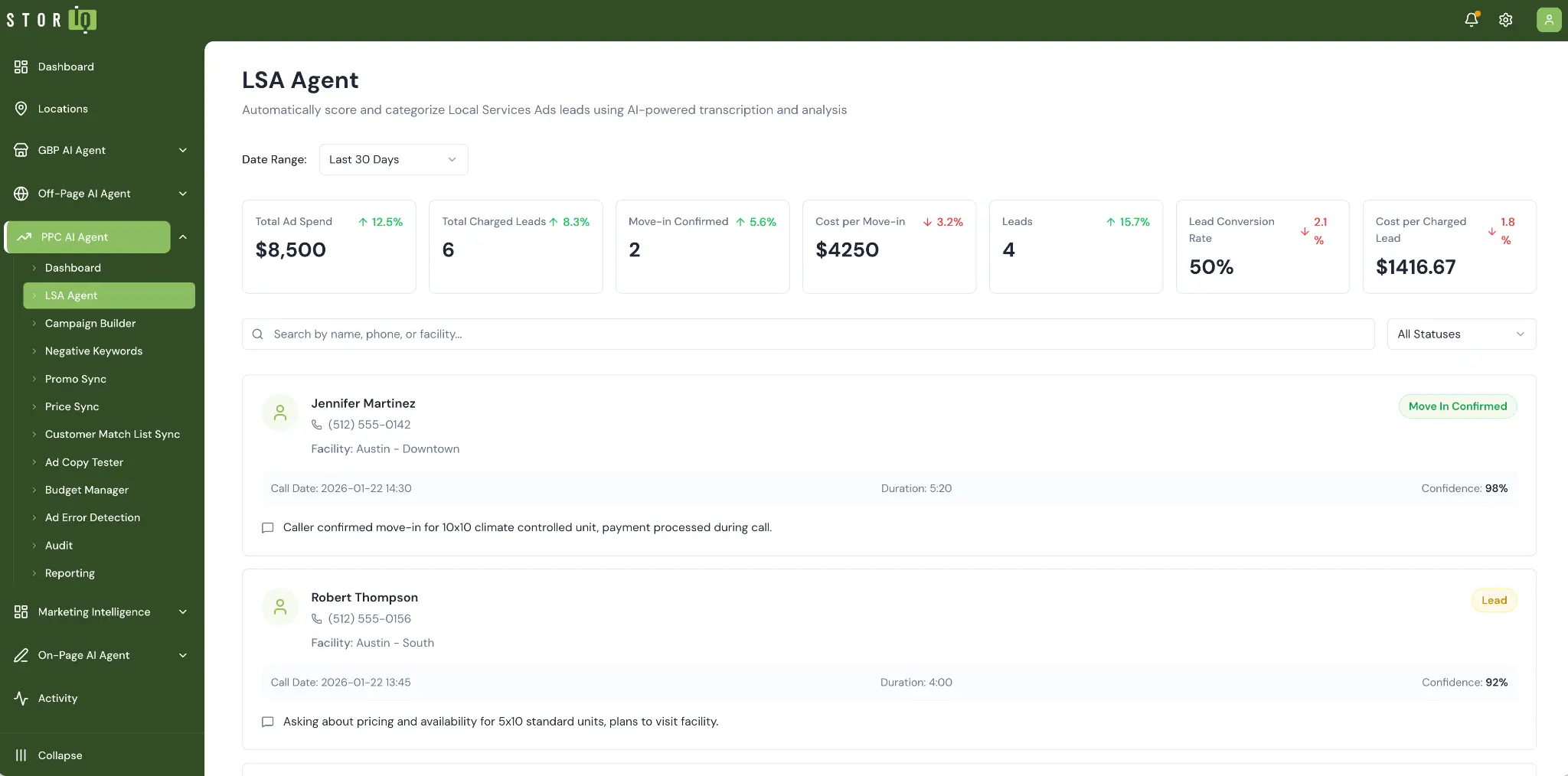 StorIQ LSA Agent scoring Local Services Ads leads with AI-powered call transcription and move-in confirmation