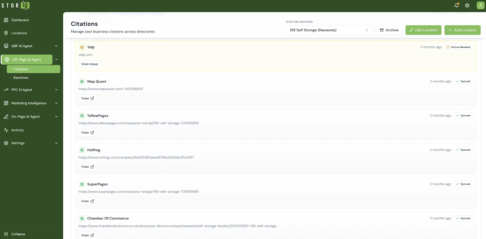 StorIQ Off-Page AI Agent citations manager showing synced business listings across Yelp, MapQuest, YellowPages and more