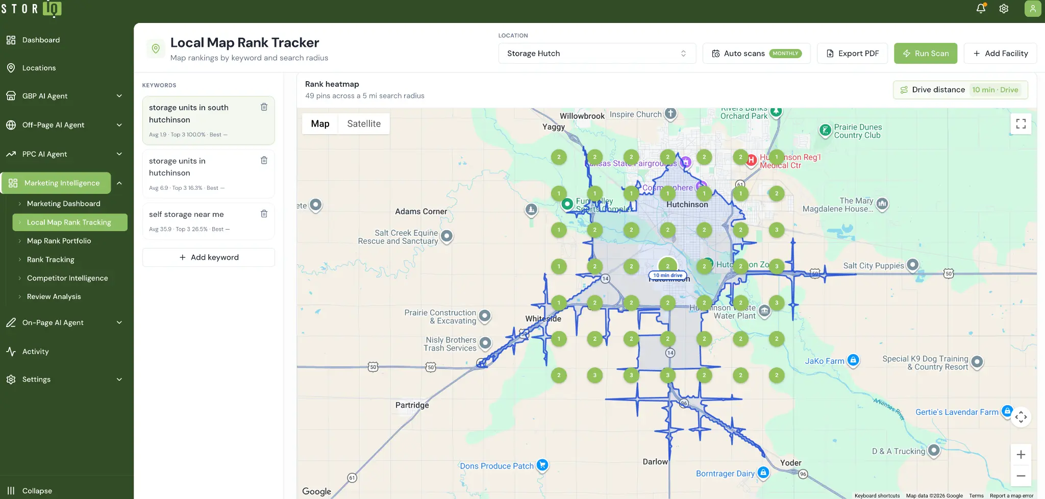 StorIQ Local Map Rank Tracker showing top keyword rankings within a 10 minute drive time of the facility